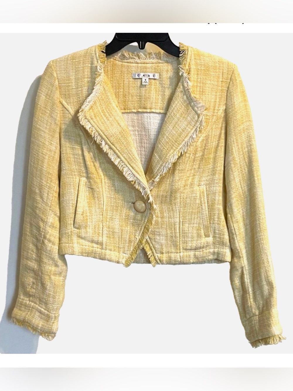 CAbi Yellow Tweed Fringe Crop Blazer Jacket Women’s Small Textured